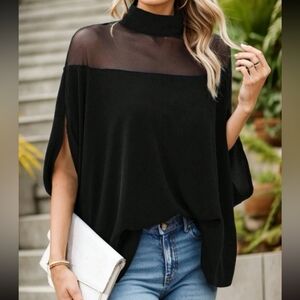 * New Chic Sheer Shoulder Mock Neck Flowy Blouse Top Black